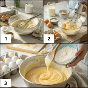 Step-by-step preparation of cake batter: mixing dry ingredients, creaming butter and sugar, and combining with flour to form a smooth batter.