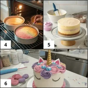 Cake layers baking in the oven, testing for doneness, and assembling a layered cake with frosting in between.