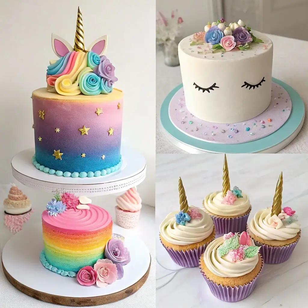 A collage of unicorn-themed desserts, including a gradient unicorn cake, a simple floral unicorn cake, and matching unicorn cupcakes.