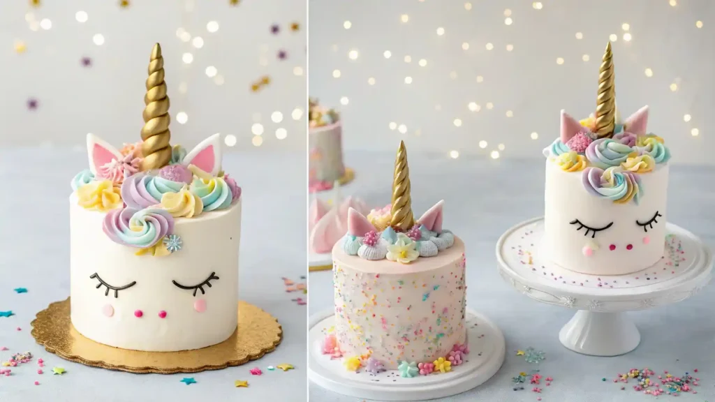 Collage of pastel unicorn cakes with shimmering gold horns, piped buttercream manes, colorful sprinkles, and magical sparkles on a soft dreamy background.
