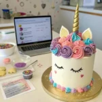 Decorating a unicorn cake with colorful frosting roses, edible decorations, and a golden horn for a magical look.