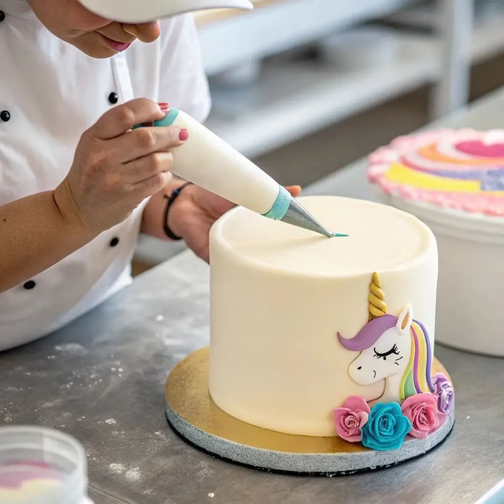 A baker decorating a white unicorn-themed cake with pastel flowers, a golden horn, and piped icing details.