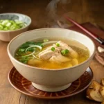 A steaming bowl of golden chicken back broth infused with ginger and soy sauce, garnished with fresh green onions in a traditional bowl.