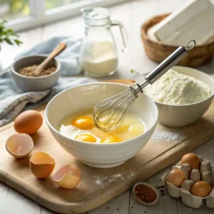 Eggs, sugar, and vanilla being whisked to a pale and frothy consistency.