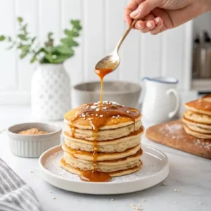 Caramel being drizzled on a stack of pancakes.