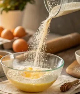 Flour mixture being gently poured into a bowl of beaten eggs and sugar.