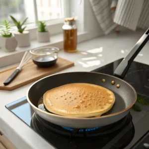 Pancake cooking in a frying pan on a stove.