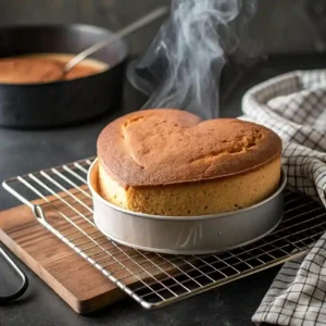 Heart-shaped cake resting in its pan on a cooling rack, preparing to be transferred to a cake board.