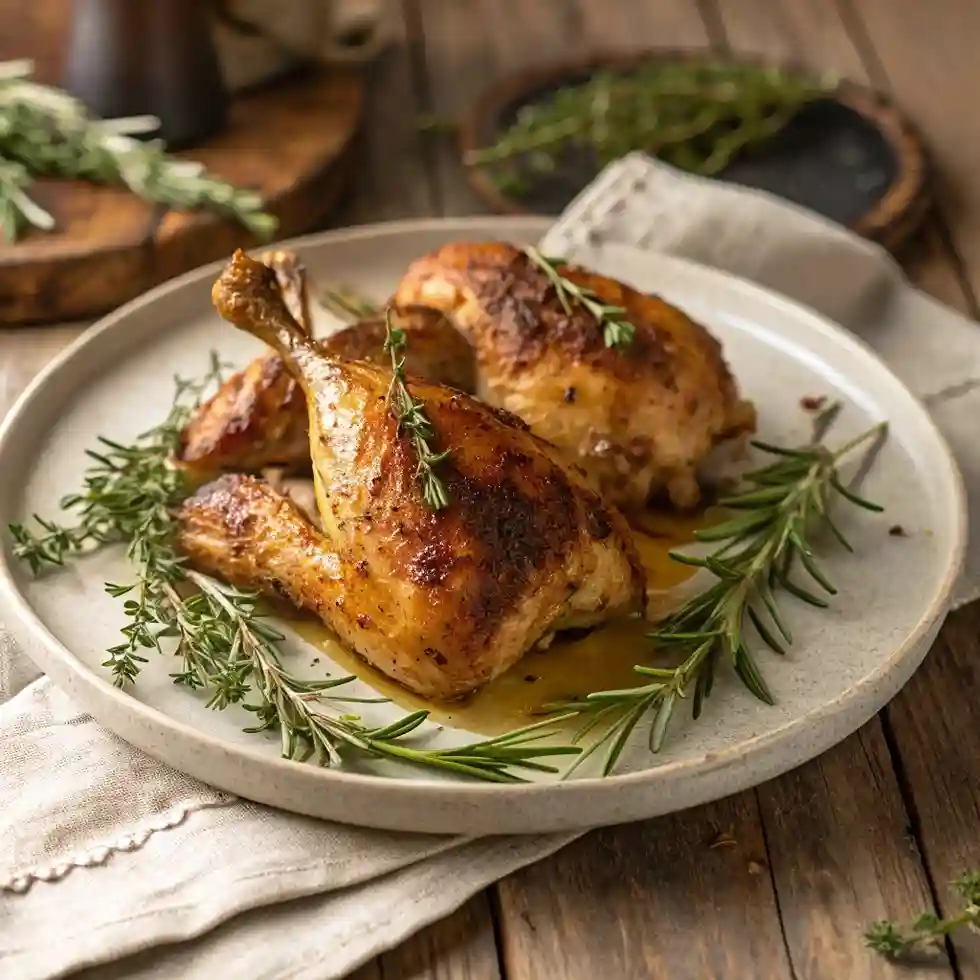 A beautifully plated dish of roasted chicken backs, golden and crispy, garnished with fresh rosemary and thyme, served on a rustic wooden table with warm lighting.