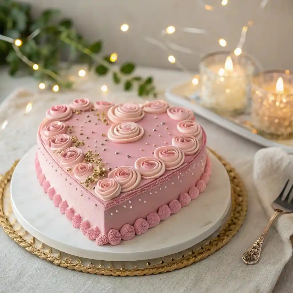 Elegant Pink Heart Cake with Buttercream Roses A beautifully decorated pink heart-shaped cake adorned with buttercream roses, gold sprinkles, and delicate white dots, placed on a marble cake stand with warm fairy lights and candles in the background.