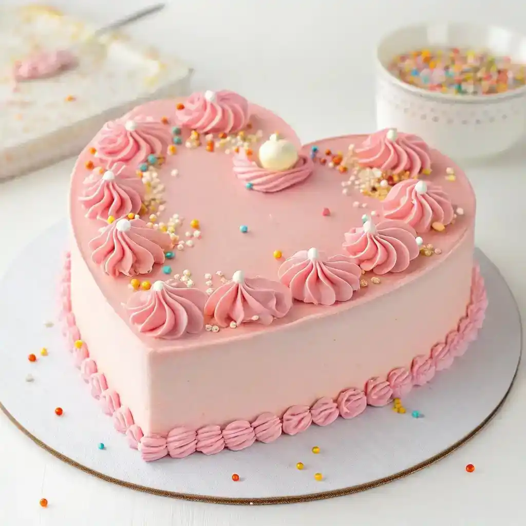 Pink heart shaped cake with piped rosettes, colorful sprinkles, and a small candy heart centerpiece.