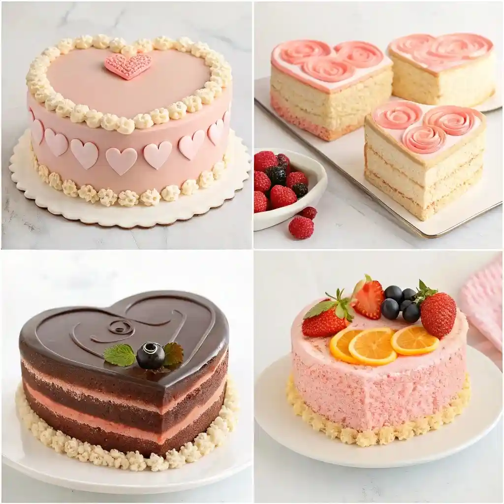 Four Heart Cake Variations Collage of four heart-shaped cakes: a pink frosted cake with heart decorations, two square-cut pink heart slices, a layered chocolate heart cake, and a pink cake topped with fresh fruit.