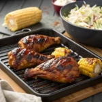 Grilled BBQ chicken backs sizzling over medium-high heat, brushed with barbecue sauce and turning golden-brown, served with coleslaw and corn on the cob.