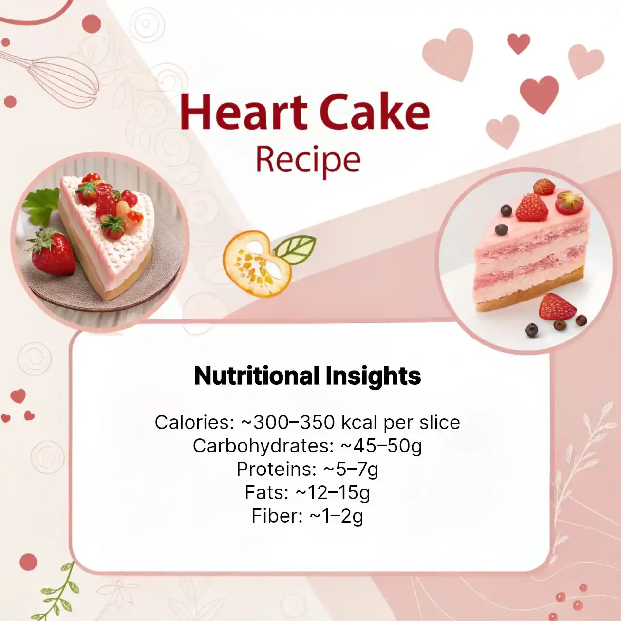 Heart Cake Nutritional Insights Heart Cake Recipe infographic showing nutritional insights like calories, carbs, proteins, fats, and fiber, with small images of fruit-topped cake slices.