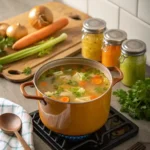 Golden chicken back bone broth simmering with vegetables in a rustic pot, surrounded by fresh herbs and mason jars.