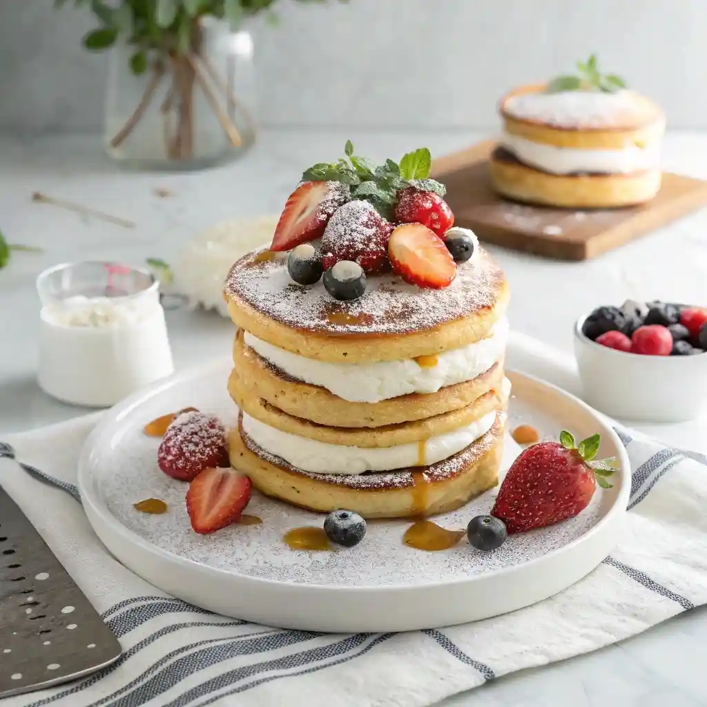 Layered pancakes with fresh berries, whipped cream, and powdered sugar.