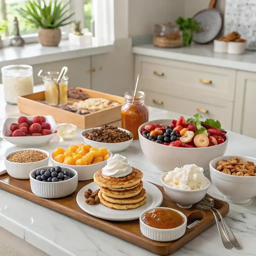 Pancake brunch buffet on a wooden tray in a bright kitchen.