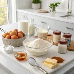 Ingredients for pancakes: flour, eggs, milk, butter.