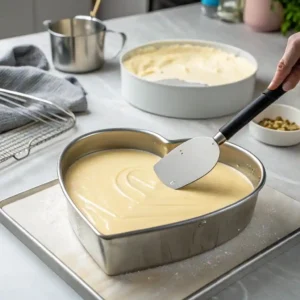 Heart-shaped cake pan filled with batter being smoothed out with a spatula.