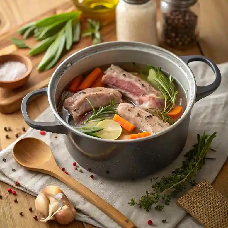 Cozy kitchen scene with raw chicken necks, vegetables, herbs, and spices in a pot, ready to cook into rich bone broth. The setting features a rustic wooden table and a wooden spoon, with warm natural lighting.