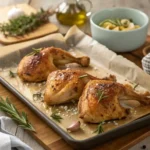 Roasted chicken backs with garlic and herbs, golden brown and crispy on a parchment-lined baking sheet.