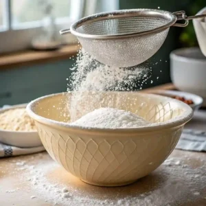 Flour and baking powder being sifted into a large mixing bowl.