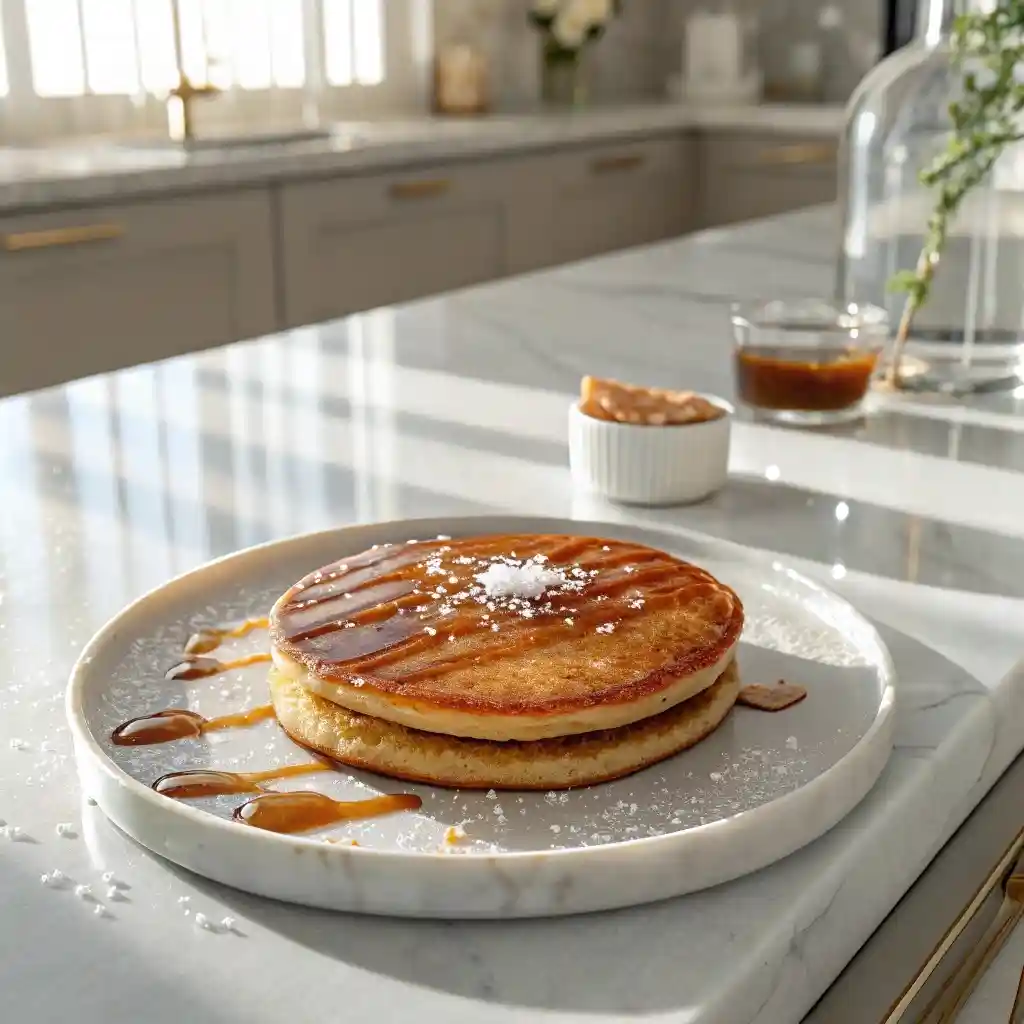 Two pancakes drizzled with caramel sauce and sprinkled with sugar.