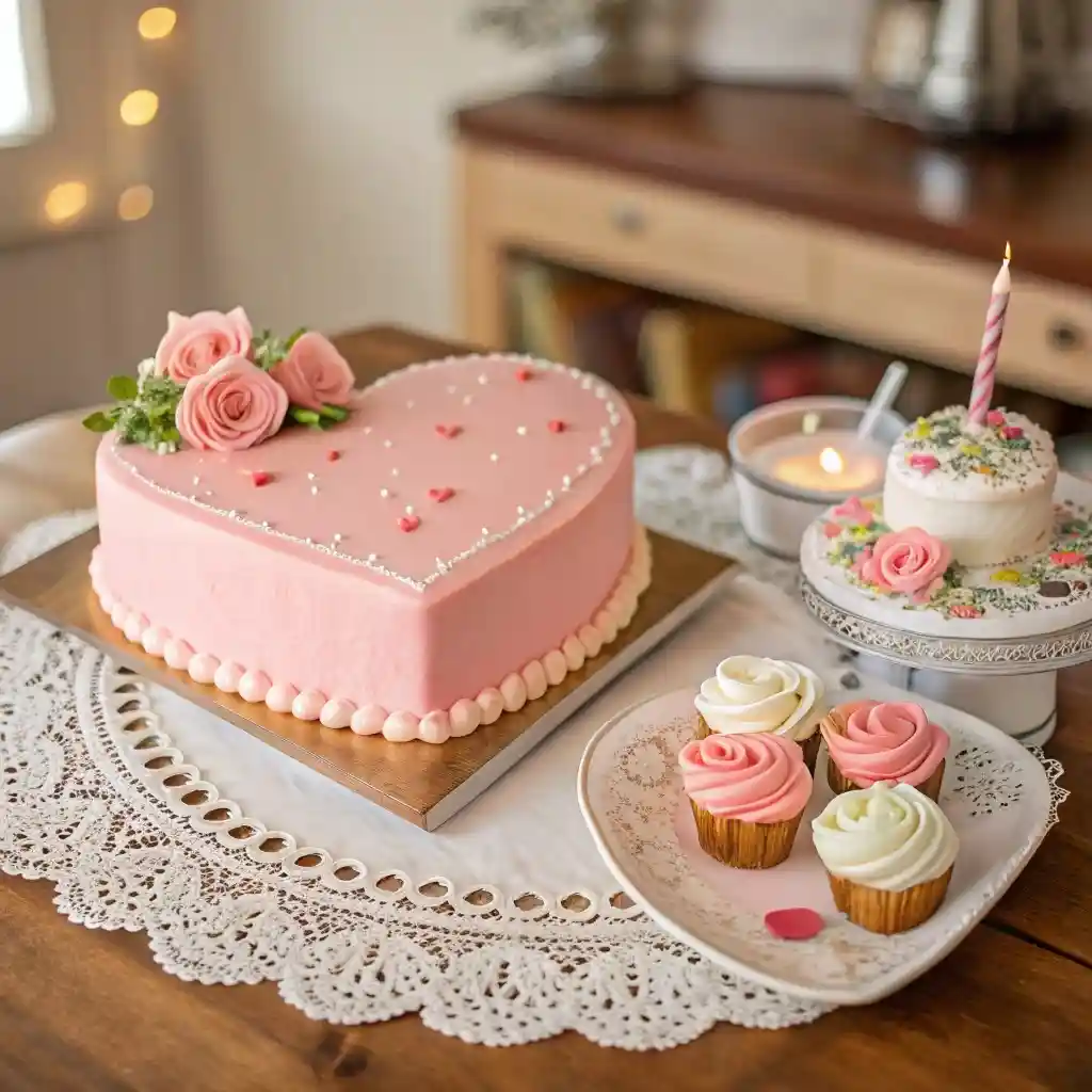 Vintage-Inspired Heart Cake Display Heart-shaped pink frosted cake with roses and pearl-like sprinkles, accompanied by a smaller decorated cake and pink frosted cupcakes on a lace doily.