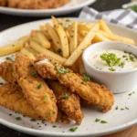 A plate of crispy, golden-brown chicken tenders served with a side of seasoned French fries and a creamy dipping sauce, garnished with fresh parsley.