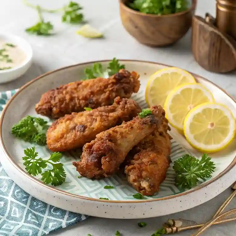 Crispy fried chicken necks served on a plate with fresh parsley and lemon slices.