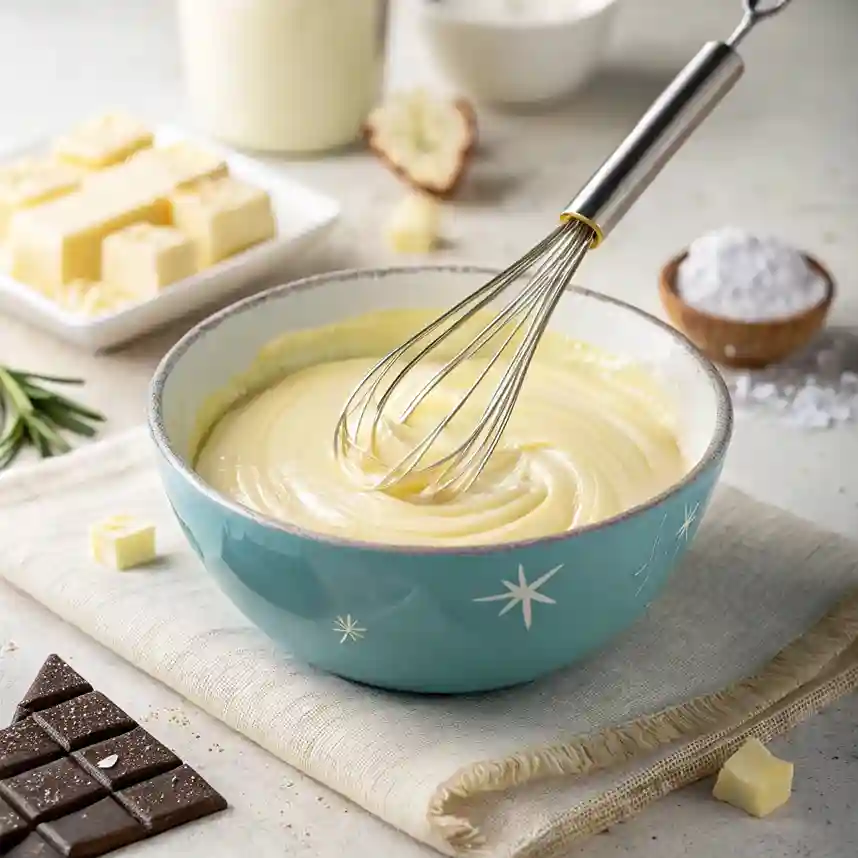 Bowl of smooth, melted pastel-colored coating being stirred with a small whisk, surrounded by a faint sparkle effect.