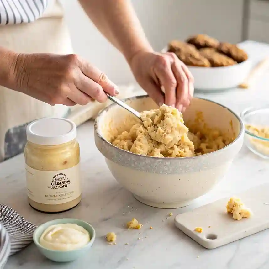 Close-up of hands crumbling a cooled cake in a large mixing bowl on a clean countertop, with a jar of creamy buttercream and a spatula beside it.