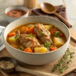 A rustic bowl of hearty chicken neck stew, filled with tender, browned chicken necks in a rich, golden broth. The dish is packed with vibrant root vegetables like carrots, celery, and diced potatoes, with fresh herbs sprinkled on top. A wooden spoon rests beside the bowl, enhancing the cozy, comforting atmosphere of the meal.