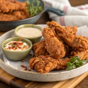 A plate of crispy, golden-brown Southern-style fried chicken necks, served with two creamy dipping sauces. The crunchy coating is perfectly seasoned, with hints of red pepper flakes. A skillet filled with more fried chicken sits in the background, adding to the rustic, home-cooked feel.