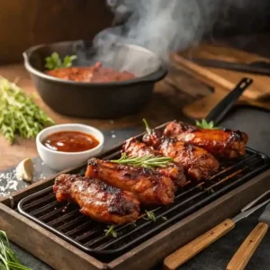 A sizzling tray of smoky BBQ grilled chicken necks, perfectly charred and coated in a rich barbecue glaze. Fresh rosemary garnishes the dish, while a bowl of extra BBQ sauce sits nearby. In the background, a steaming pot of sauce and rustic wooden elements enhance the cozy, smoky BBQ ambiance.