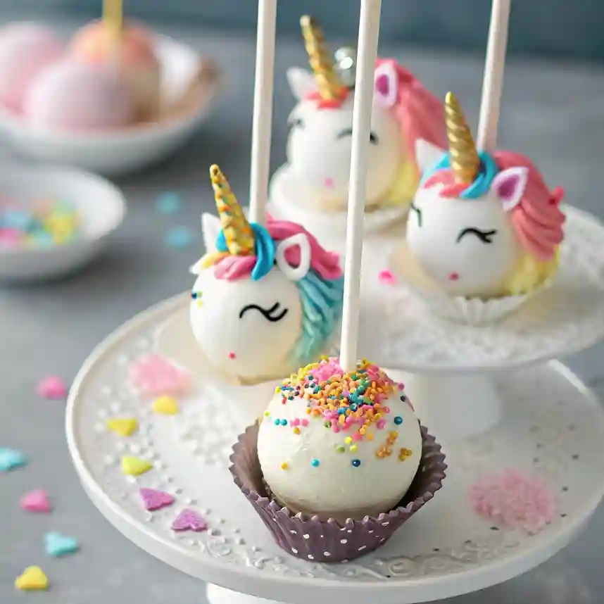 Elegant display of fully decorated unicorn cake pops arranged on a serving platter with festive elements like unicorn figurines and pastel napkins, under crisp, high-quality lighting.