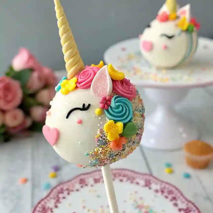 Close-up of a decorated cake pop featuring colorful fondant details, vibrant sprinkles, and a delicate dusting of edible glitter, with a slightly blurred background.