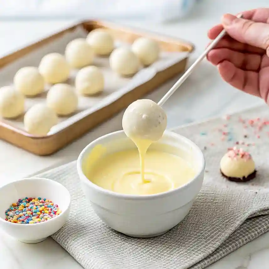 Hand holding a cake pop on a stick as it is dipped into a bowl of glossy, smooth coating, with coating dripping evenly off, set against a clean kitchen backdrop with soft natural lighting.