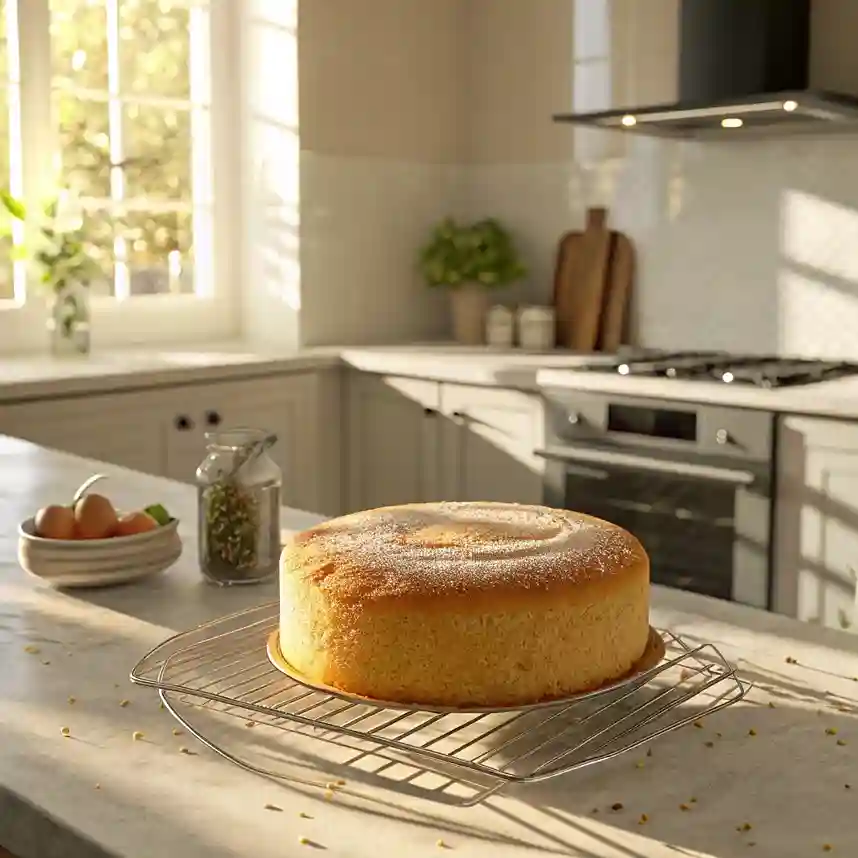 Freshly baked golden cake cooling on a wire rack in a modern, sunlit kitchen with natural light streaming through a window and an oven in the background.