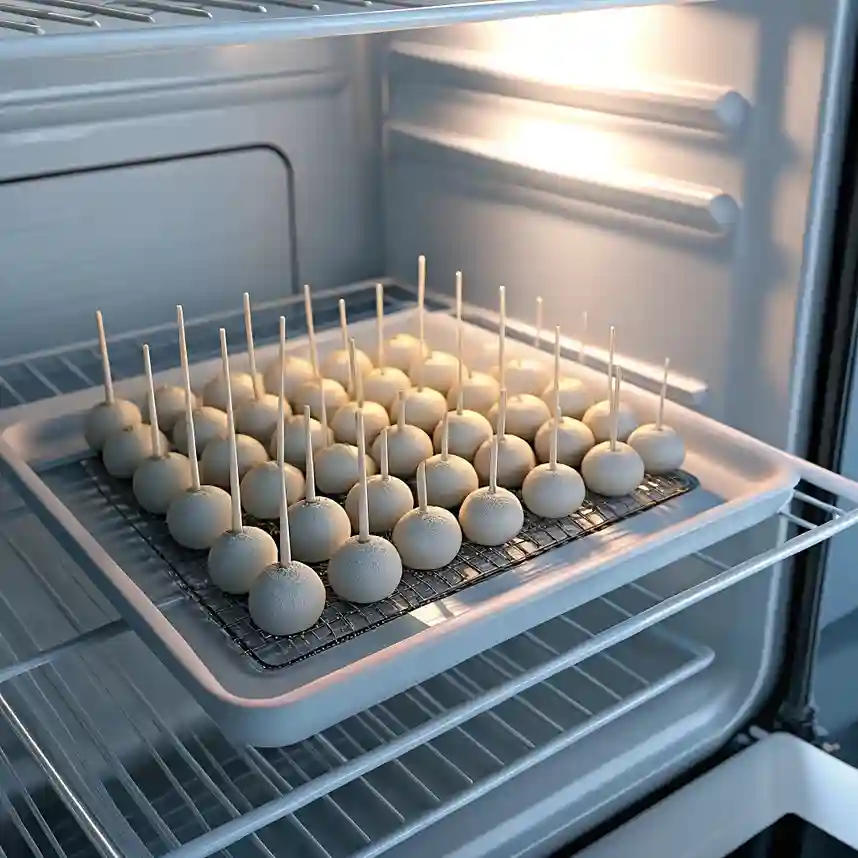 Tray of neatly arranged cake pops on a cooling rack with a subtle hint of cool air, set in soft, cool lighting.