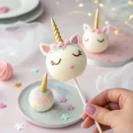 A hand holding a white unicorn cake pop with a golden horn and pastel decorations, while additional unicorn cake pops rest on pink plates in the background.