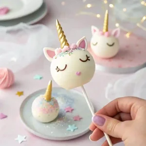 A hand holding a white unicorn cake pop with a golden horn and pastel decorations, while additional unicorn cake pops rest on pink plates in the background.