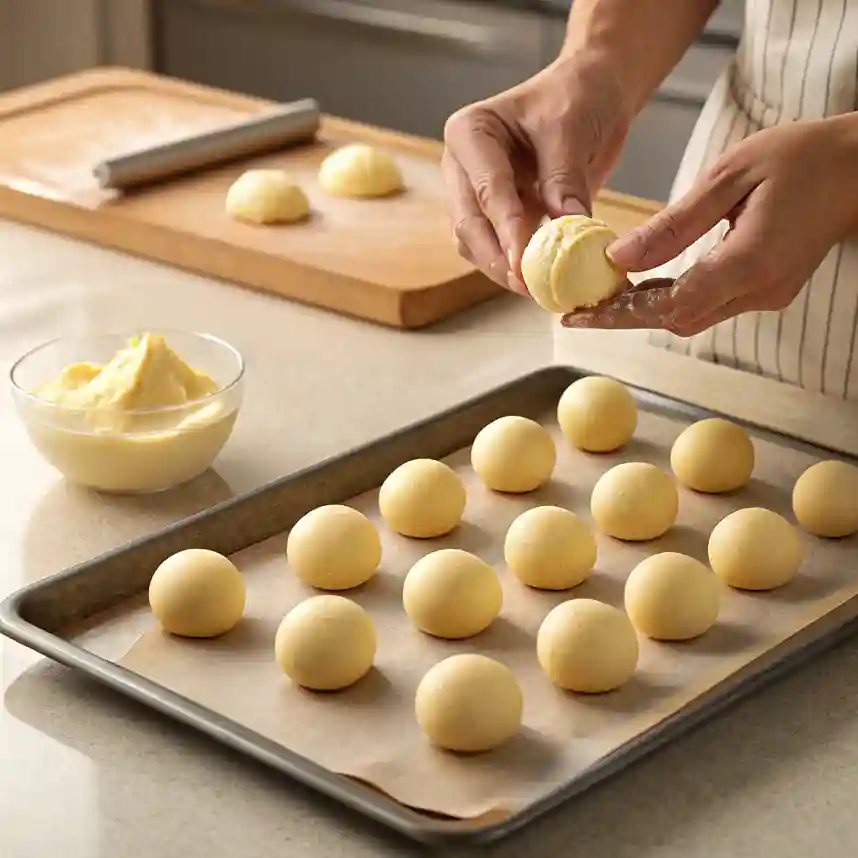 Hands gently rolling a cake and buttercream mixture into uniform, round balls on a parchment-lined tray, with a soft-focus background of a tidy kitchen countertop.