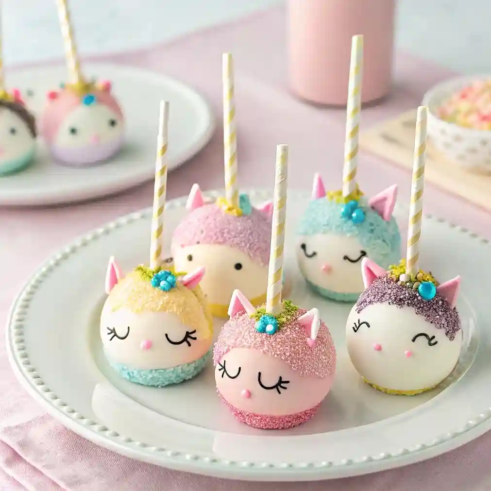 Pastel unicorn cake pops with sugar-coated exteriors, cute closed eyes, and fondant ears, arranged on a white plate against a soft pink table setting.