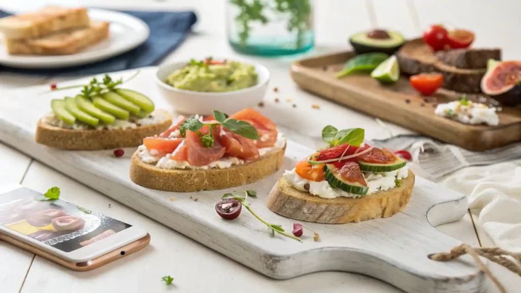 A wooden board displaying an assortment of open-faced sandwiches, including smoked salmon, cucumber, and avocado spread, with garnishes like figs and cherry tomatoes.