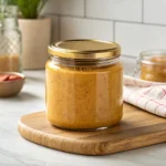 A sealed glass jar filled with golden homemade chicken base, sitting on a wooden board in a bright kitchen setting.