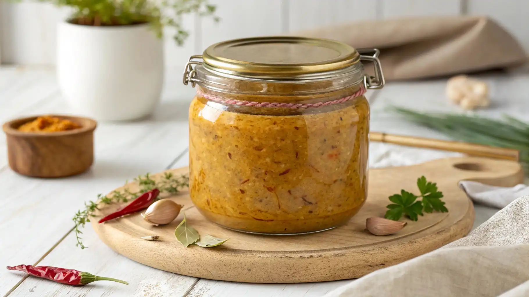 A sealed glass jar filled with golden homemade chicken base, in a bright kitchen setting.